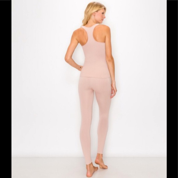 Seamless Ribbed Racerback Tank Leggings Set Rose - Picture 2 of 5